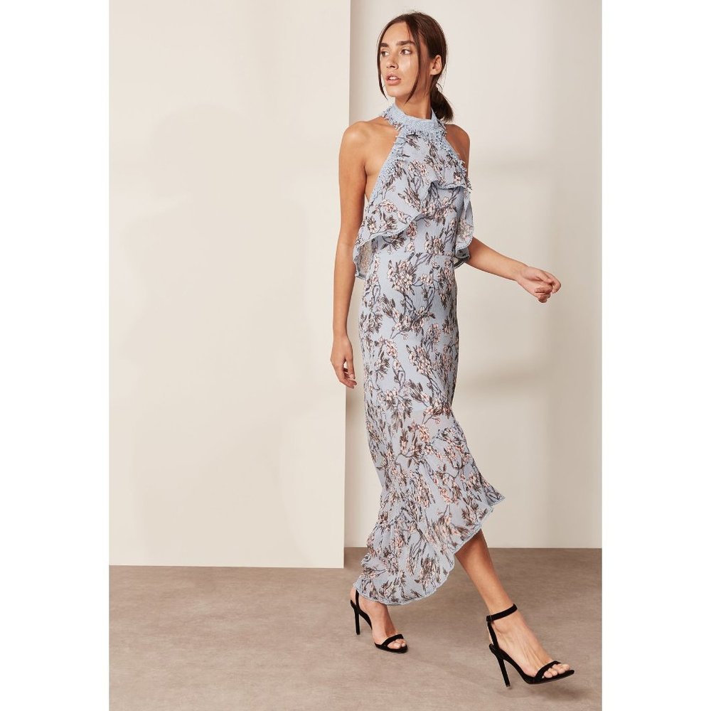Anthropologie Blue Floral Crochet Maxi Dress, Size XS